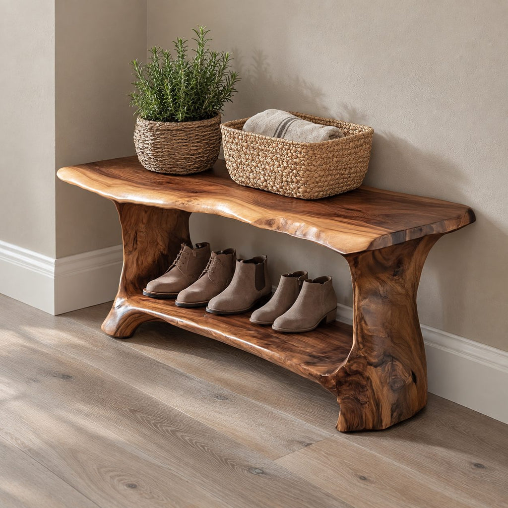 Slab Leg Shoe Bench with Rolled Live Edge Top and Lower Shoe Shelf, Solid Wood Entryway Bench