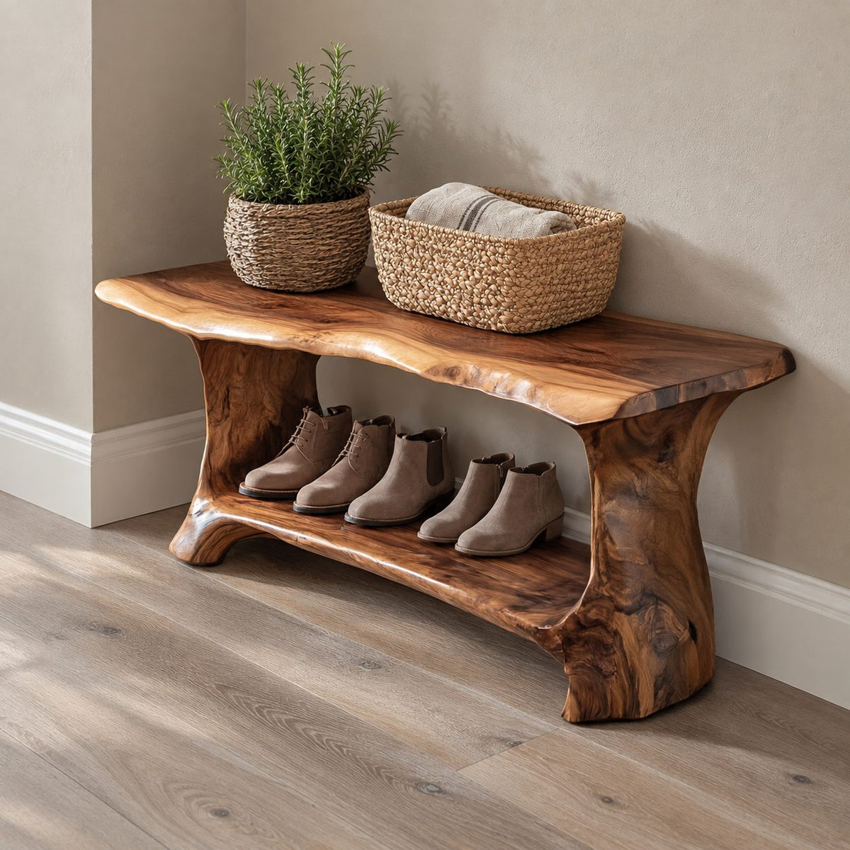 Slab Leg Shoe Bench with Rolled Live Edge Top and Lower Shoe Shelf, Solid Wood Entryway Bench