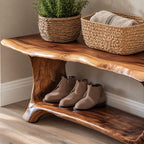 Slab Leg Shoe Bench with Rolled Live Edge Top and Lower Shoe Shelf, Solid Wood Entryway Bench