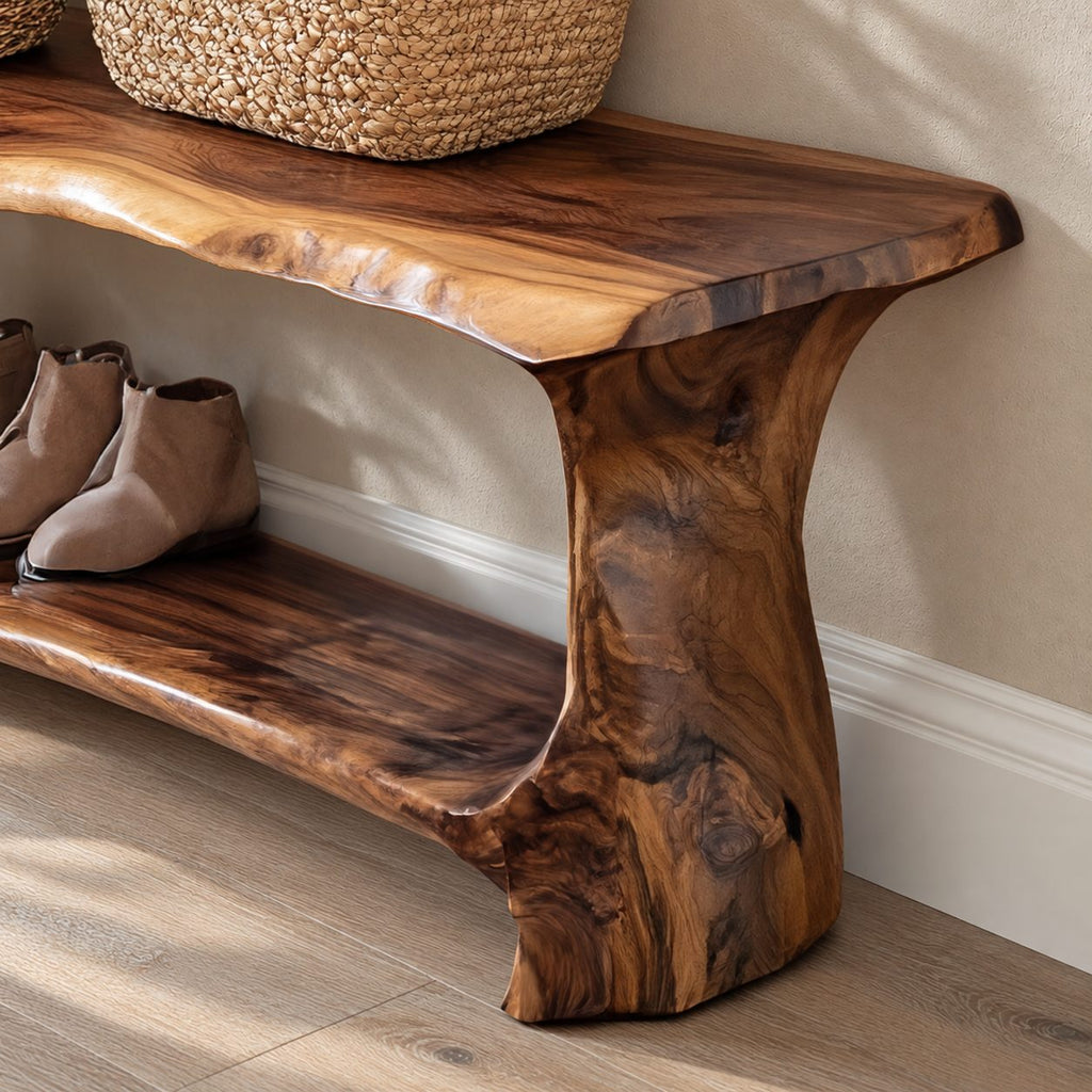 Slab Leg Shoe Bench with Rolled Live Edge Top and Lower Shoe Shelf, Solid Wood Entryway Bench