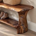 Slab Leg Shoe Bench with Rolled Live Edge Top and Lower Shoe Shelf, Solid Wood Entryway Bench