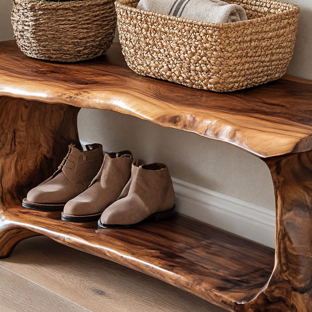 Slab Leg Shoe Bench with Rolled Live Edge Top and Lower Shoe Shelf, Solid Wood Entryway Bench
