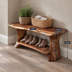 Slab Leg Shoe Bench with Rolled Live Edge Top and Lower Shoe Shelf, Solid Wood Entryway Bench