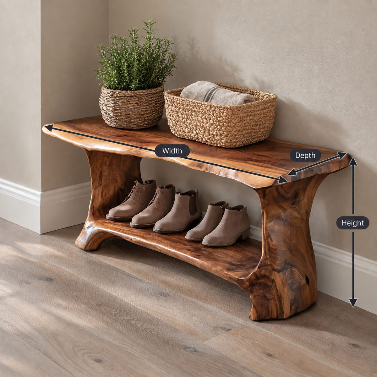 Slab Leg Shoe Bench with Rolled Live Edge Top and Lower Shoe Shelf, Solid Wood Entryway Bench