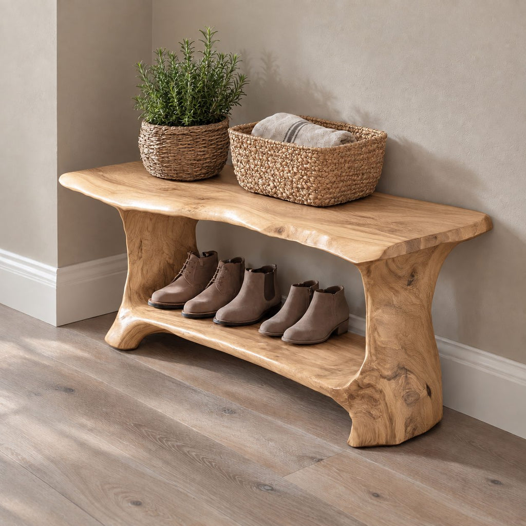 Slab Leg Shoe Bench with Rolled Live Edge Top and Lower Shoe Shelf, Solid Wood Entryway Bench