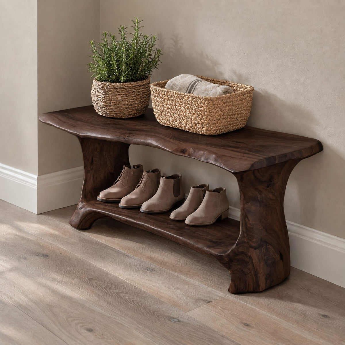 Slab Leg Shoe Bench with Rolled Live Edge Top and Lower Shoe Shelf, Solid Wood Entryway Bench