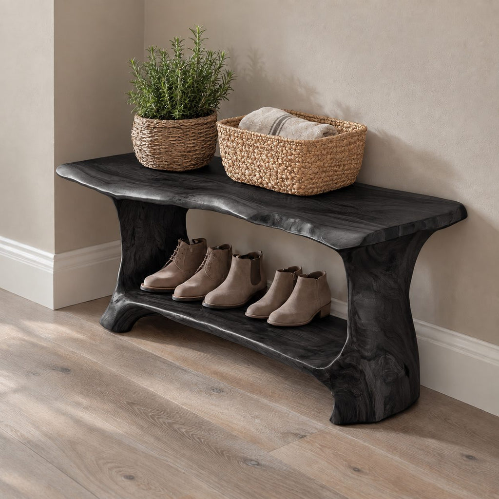 Slab Leg Shoe Bench with Rolled Live Edge Top and Lower Shoe Shelf, Solid Wood Entryway Bench