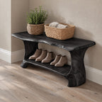 Slab Leg Shoe Bench with Rolled Live Edge Top and Lower Shoe Shelf, Solid Wood Entryway Bench