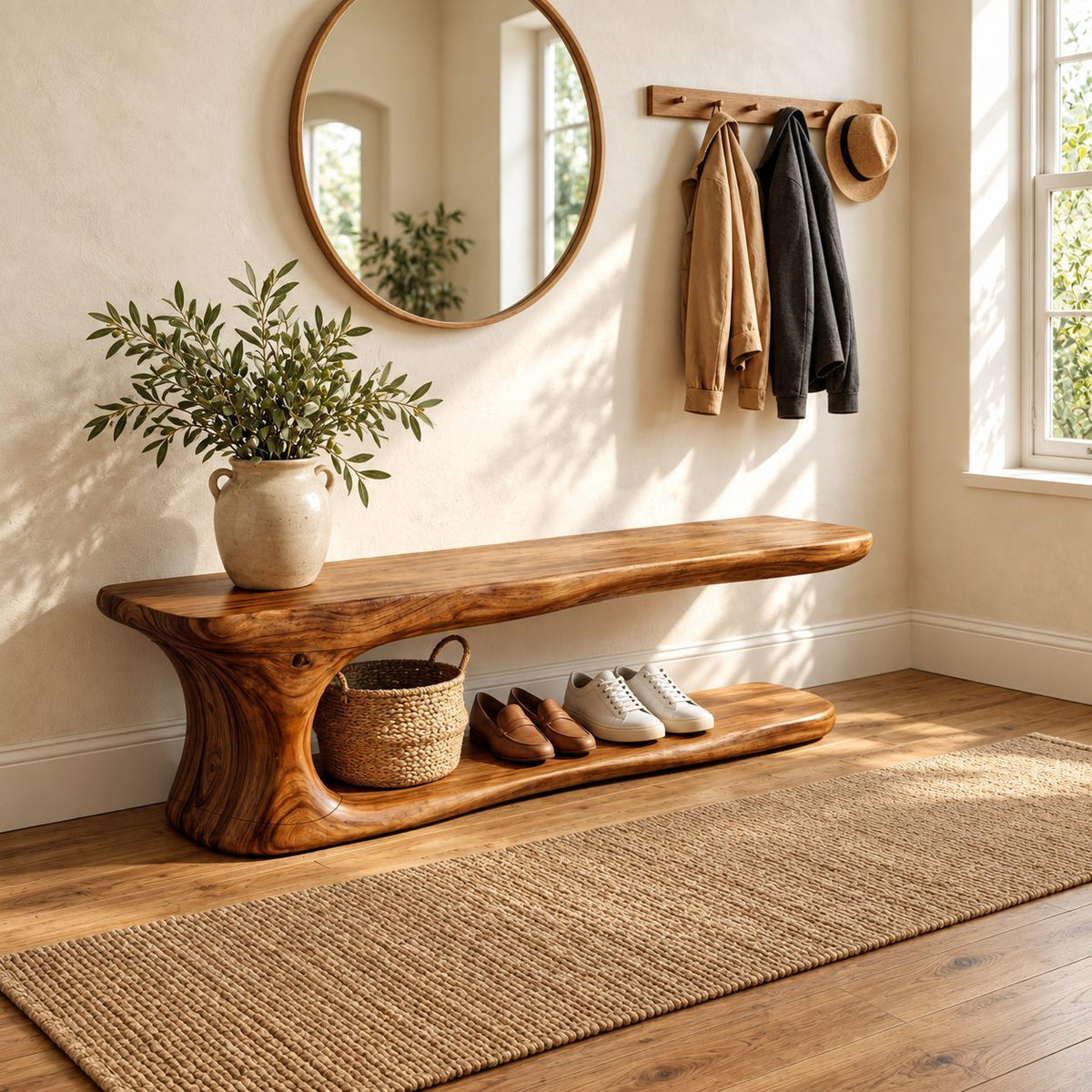 Long Low Shoe Bench with Sculpted Pedestal End and Floor Shoe Shelf, Solid Wood Entryway Seat