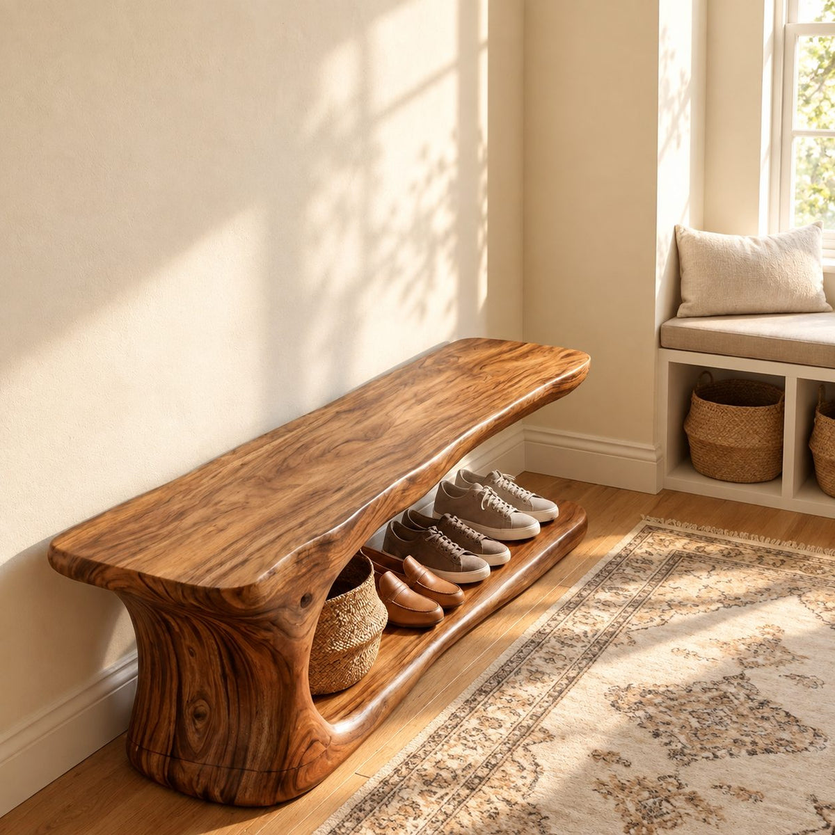 Long Low Shoe Bench with Sculpted Pedestal End and Floor Shoe Shelf, Solid Wood Entryway Seat