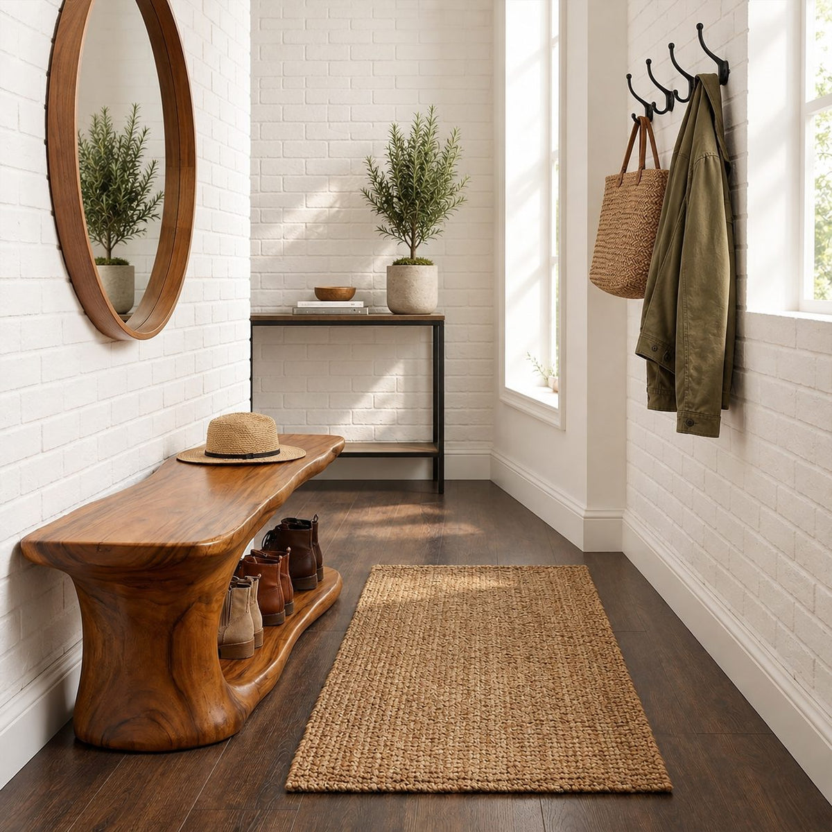 Long Low Shoe Bench with Sculpted Pedestal End and Floor Shoe Shelf, Solid Wood Entryway Seat