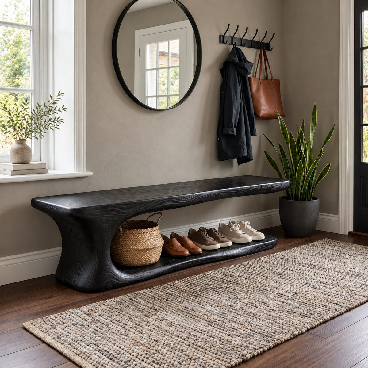 Long Low Shoe Bench with Sculpted Pedestal End and Floor Shoe Shelf, Solid Wood Entryway Seat