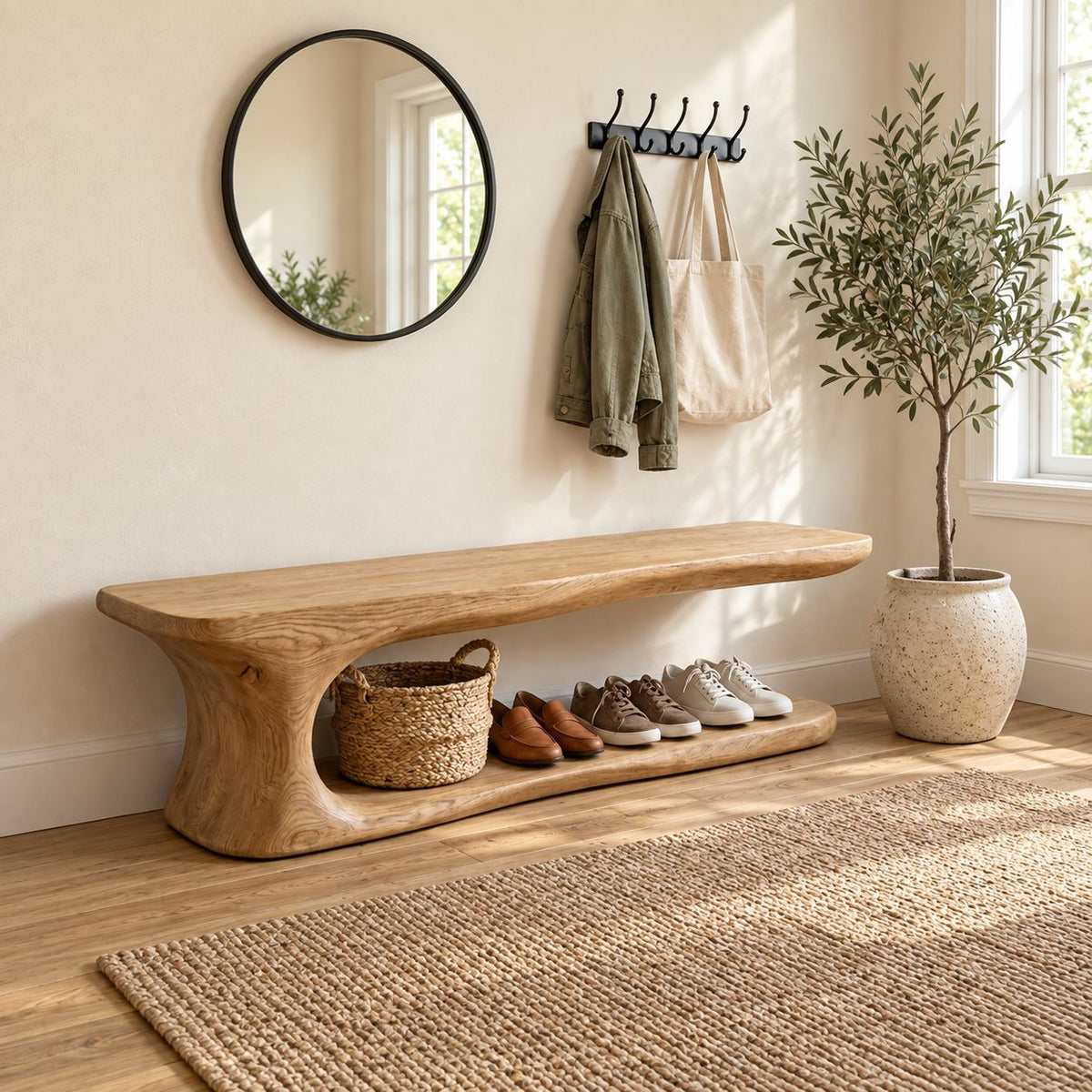 Long Low Shoe Bench with Sculpted Pedestal End and Floor Shoe Shelf, Solid Wood Entryway Seat