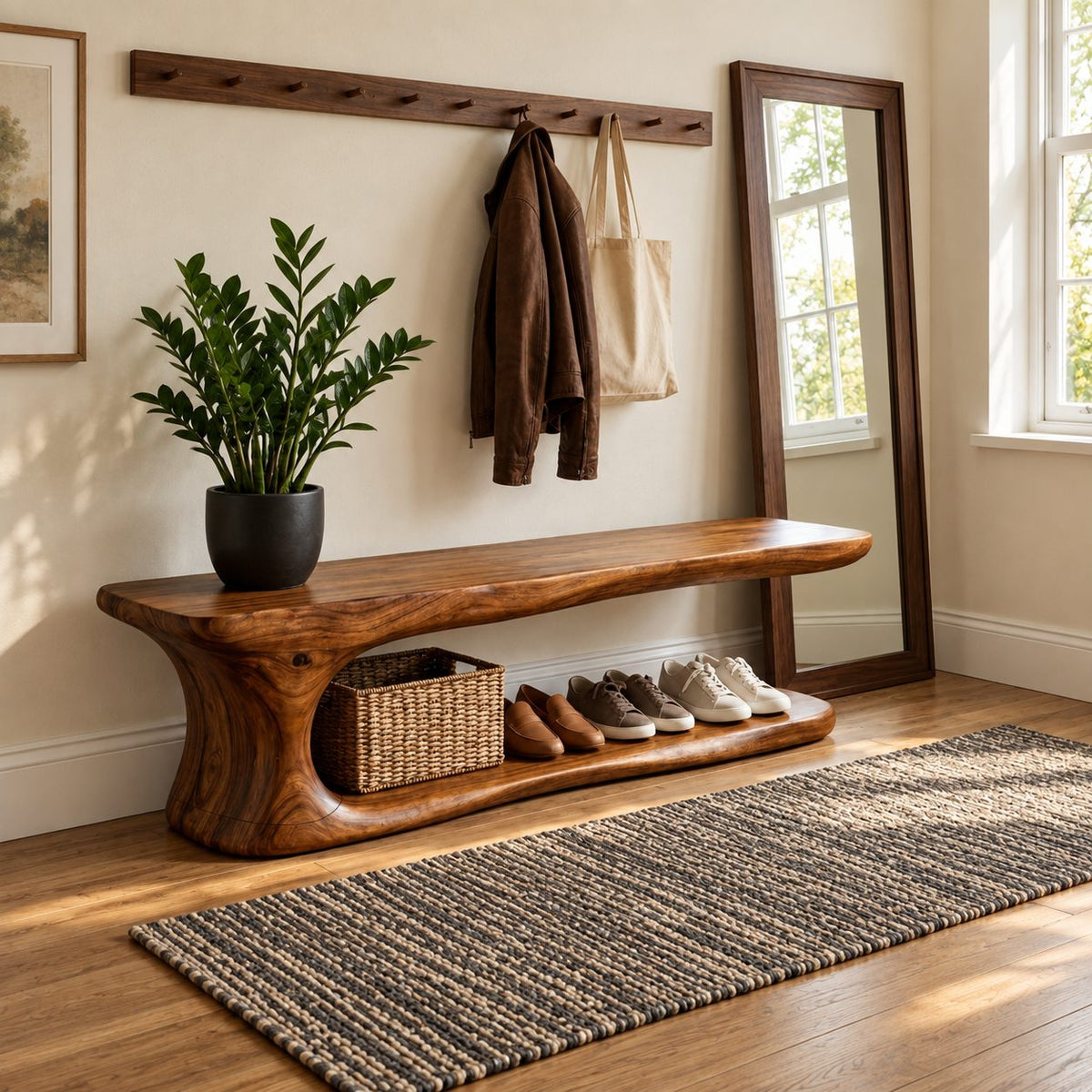 Long Low Shoe Bench with Sculpted Pedestal End and Floor Shoe Shelf, Solid Wood Entryway Seat