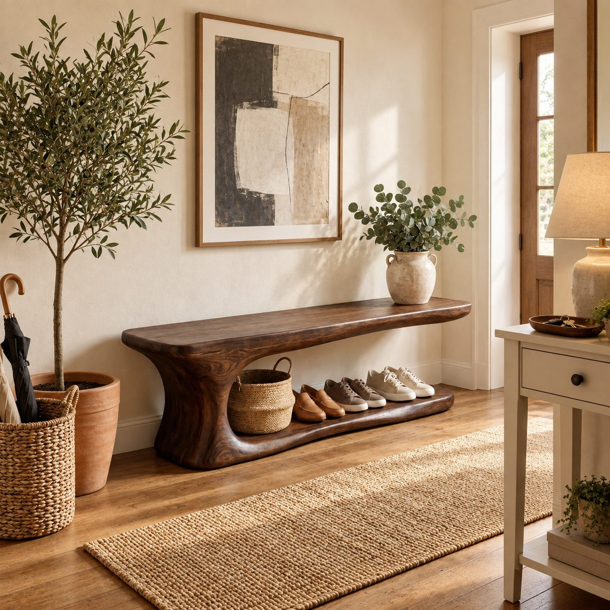 Long Low Shoe Bench with Sculpted Pedestal End and Floor Shoe Shelf, Solid Wood Entryway Seat