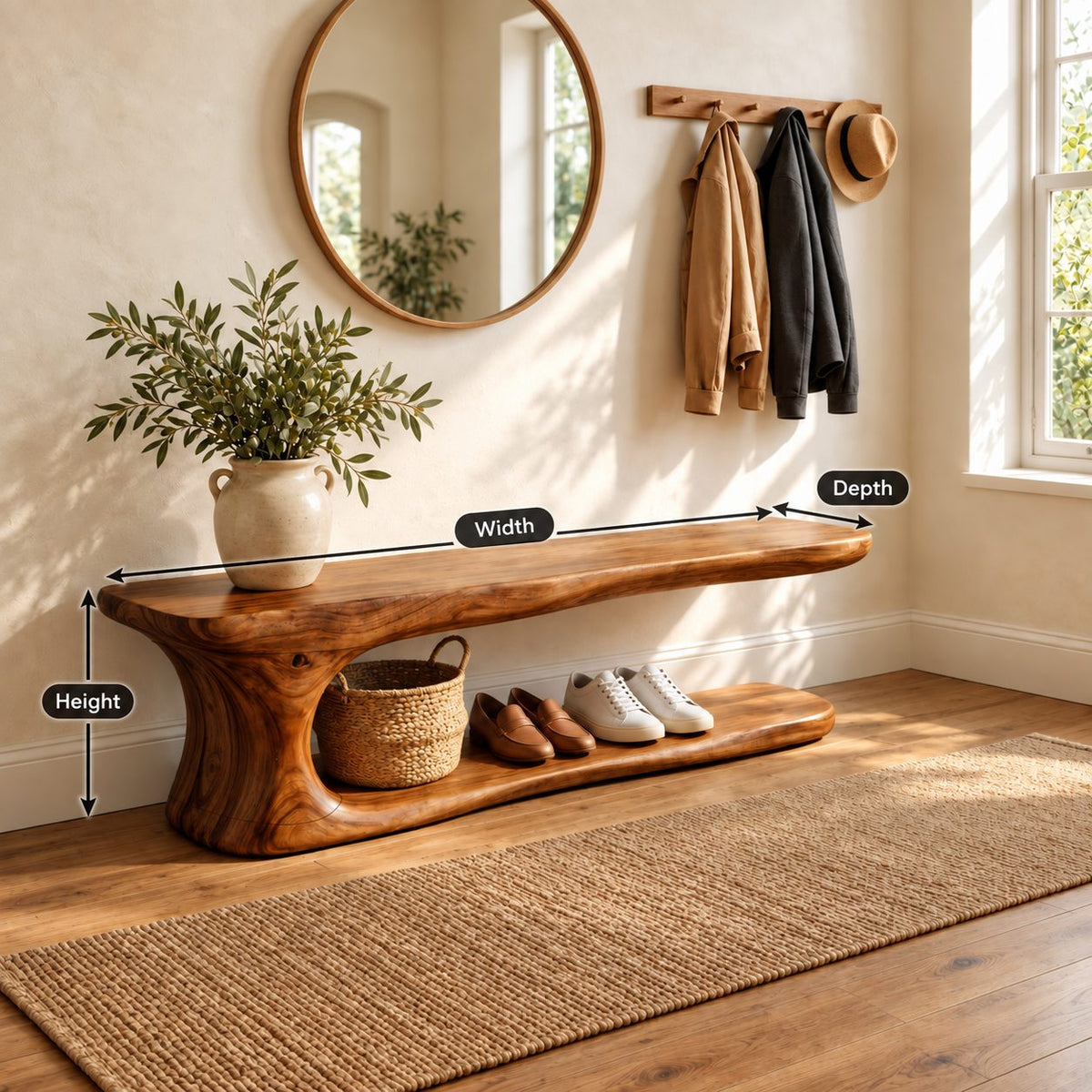 Long Low Shoe Bench with Sculpted Pedestal End and Floor Shoe Shelf, Solid Wood Entryway Seat