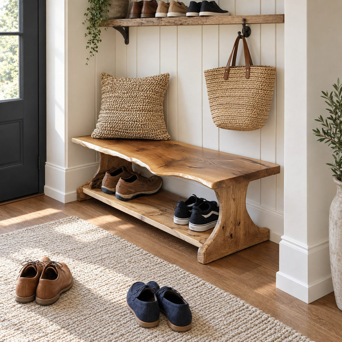 Trestle Leg Shoe Bench with Soft Wave Live Edge Top and Lower Shoe Shelf, Narrow Entryway Bench