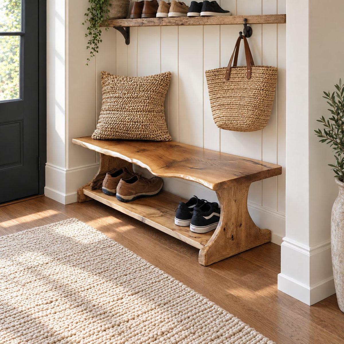 Trestle Leg Shoe Bench with Soft Wave Live Edge Top and Lower Shoe Shelf, Narrow Entryway Bench