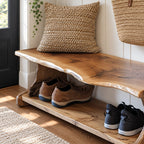 Trestle Leg Shoe Bench with Soft Wave Live Edge Top and Lower Shoe Shelf, Narrow Entryway Bench