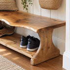 Trestle Leg Shoe Bench with Soft Wave Live Edge Top and Lower Shoe Shelf, Narrow Entryway Bench