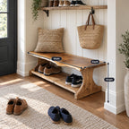 Trestle Leg Shoe Bench with Soft Wave Live Edge Top and Lower Shoe Shelf, Narrow Entryway Bench