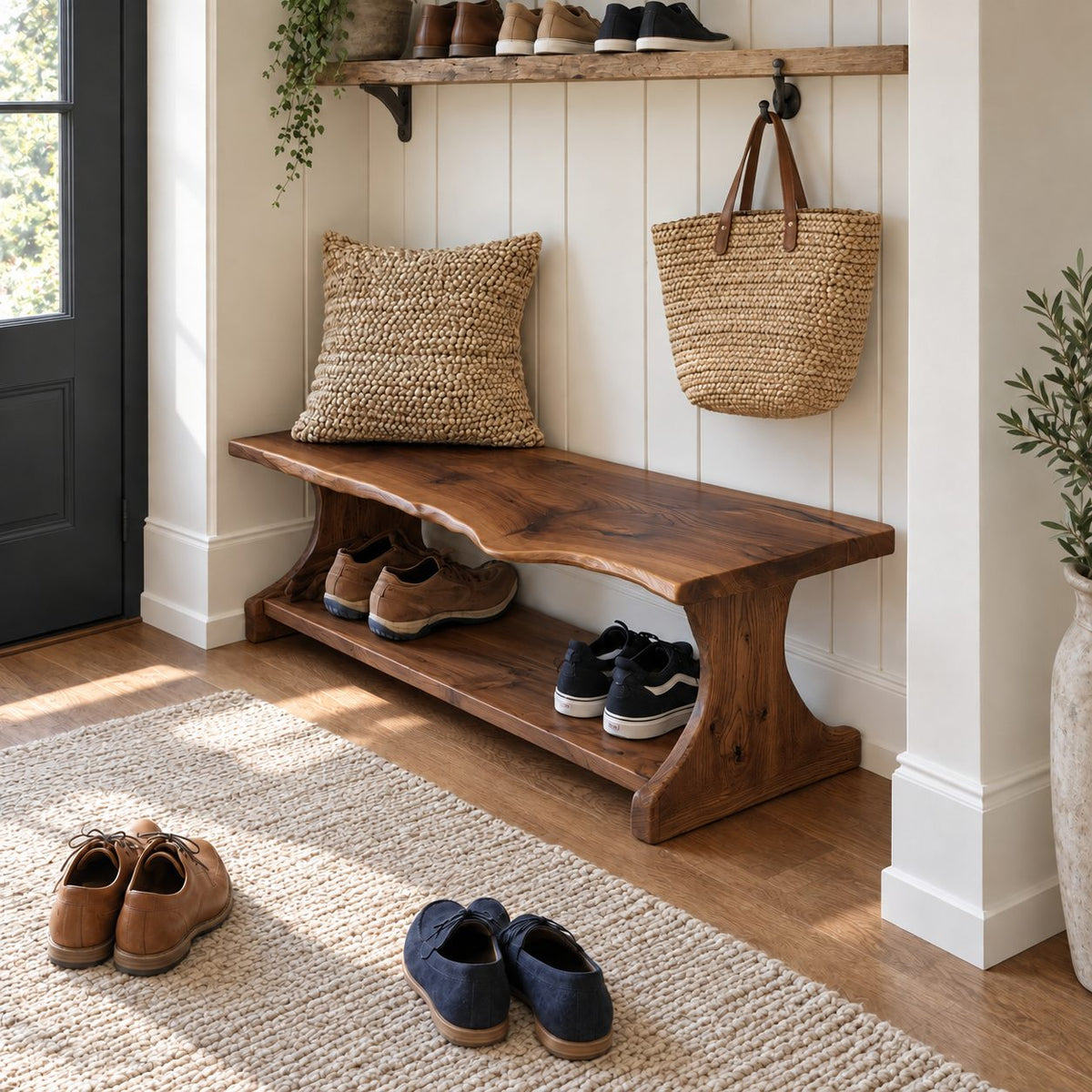 Trestle Leg Shoe Bench with Soft Wave Live Edge Top and Lower Shoe Shelf, Narrow Entryway Bench