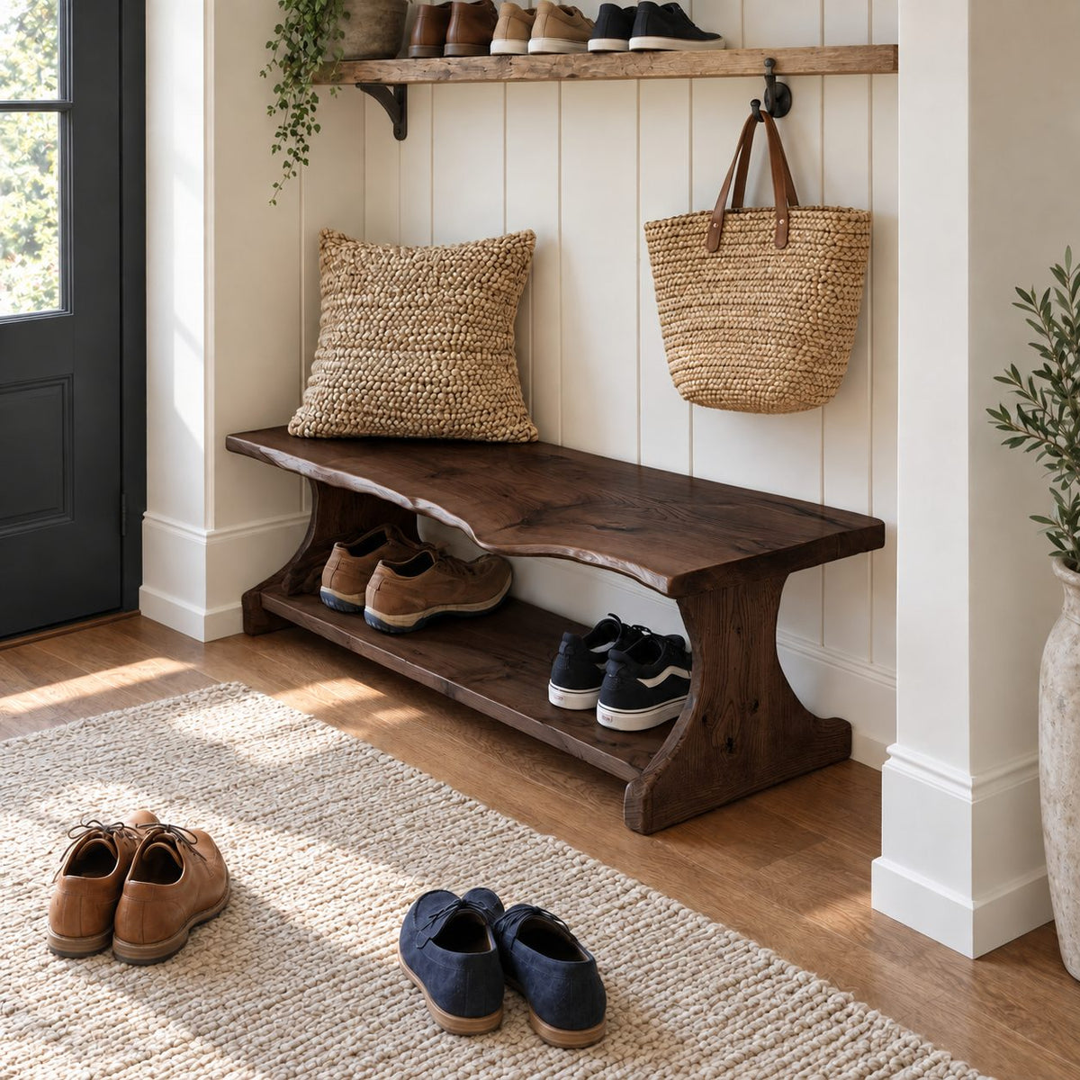 Trestle Leg Shoe Bench with Soft Wave Live Edge Top and Lower Shoe Shelf, Narrow Entryway Bench