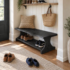 Trestle Leg Shoe Bench with Soft Wave Live Edge Top and Lower Shoe Shelf, Narrow Entryway Bench