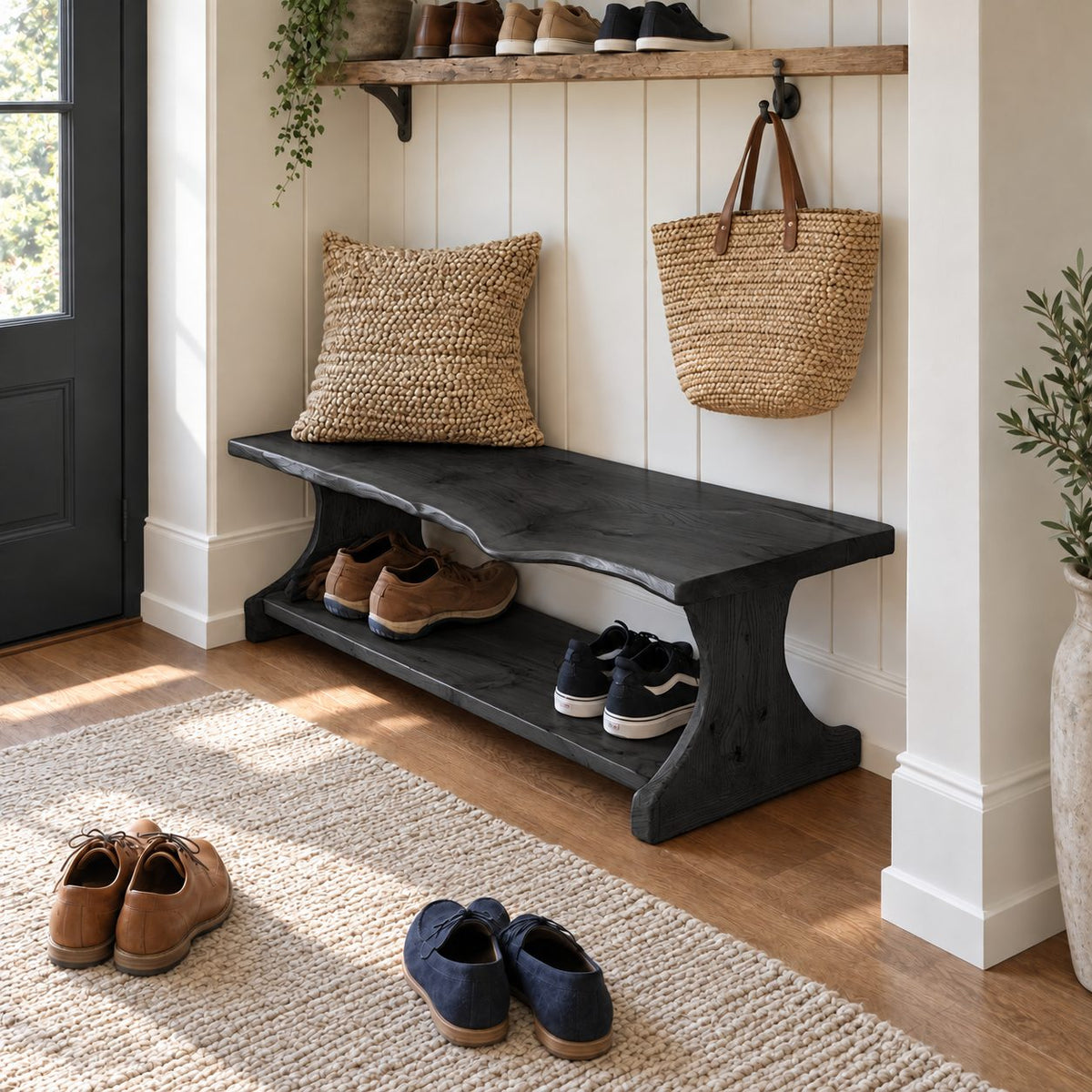 Trestle Leg Shoe Bench with Soft Wave Live Edge Top and Lower Shoe Shelf, Narrow Entryway Bench