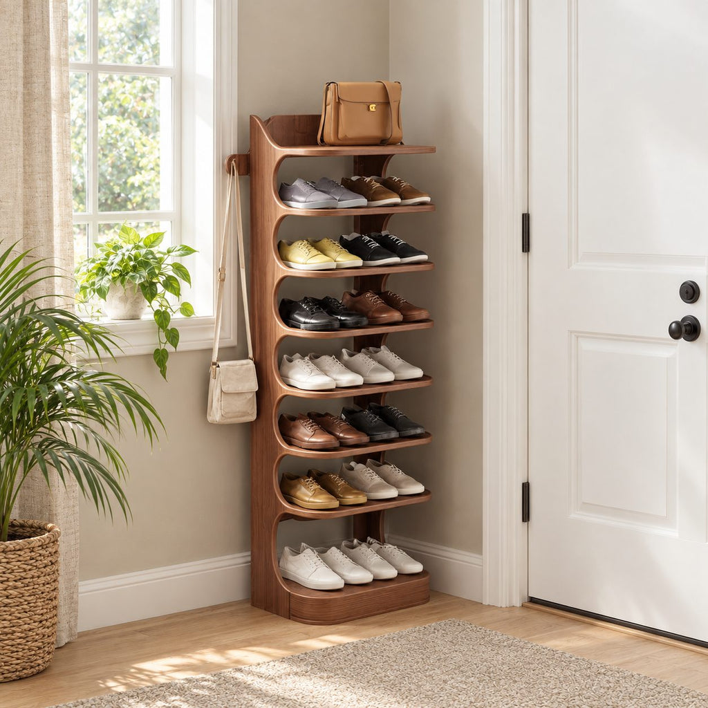 Vertical Shoe Tower Rack with Curved Scroll Sides, Slim Solid Wood Entryway Shoe Shelf and Side Peg