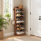 Vertical Shoe Tower Rack with Curved Scroll Sides, Slim Solid Wood Entryway Shoe Shelf and Side Peg