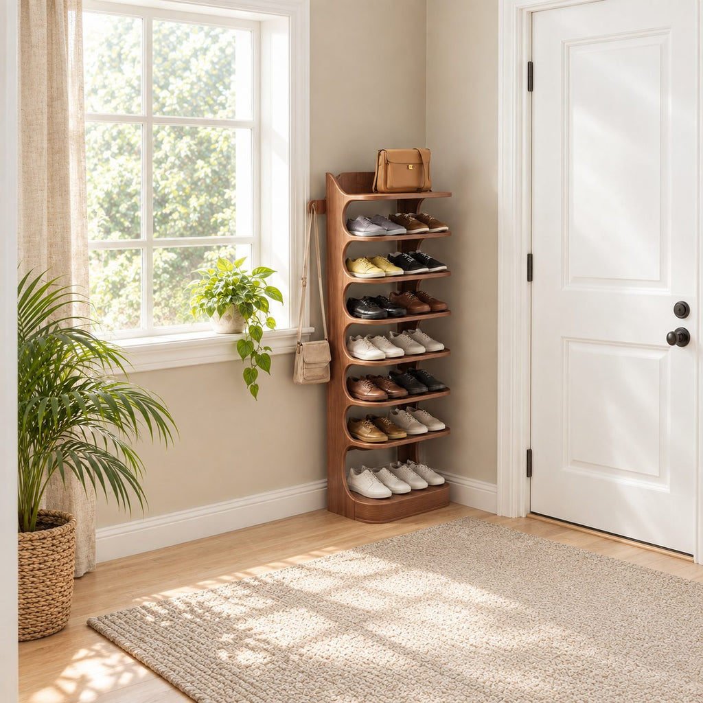 Vertical Shoe Tower Rack with Curved Scroll Sides, Slim Solid Wood Entryway Shoe Shelf and Side Peg