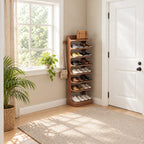 Vertical Shoe Tower Rack with Curved Scroll Sides, Slim Solid Wood Entryway Shoe Shelf and Side Peg