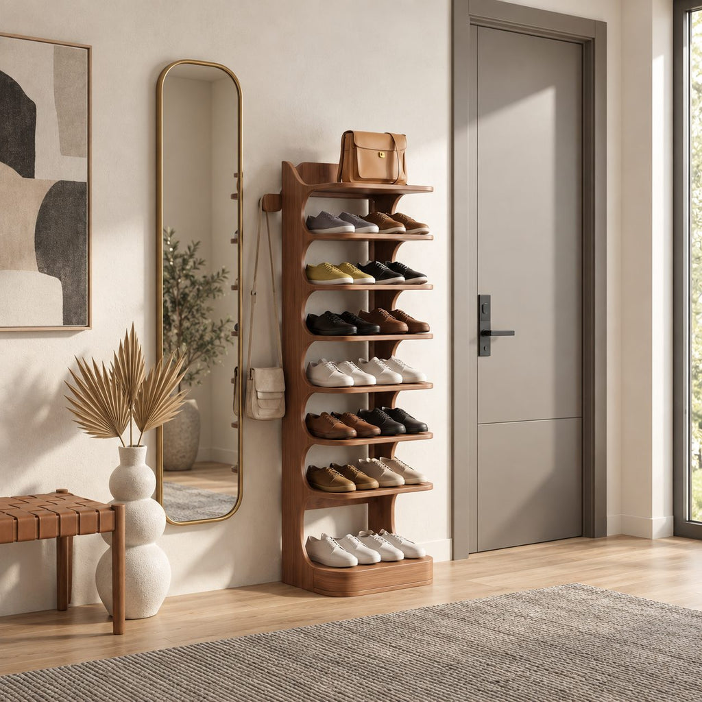 Vertical Shoe Tower Rack with Curved Scroll Sides, Slim Solid Wood Entryway Shoe Shelf and Side Peg
