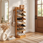 Vertical Shoe Tower Rack with Curved Scroll Sides, Slim Solid Wood Entryway Shoe Shelf and Side Peg