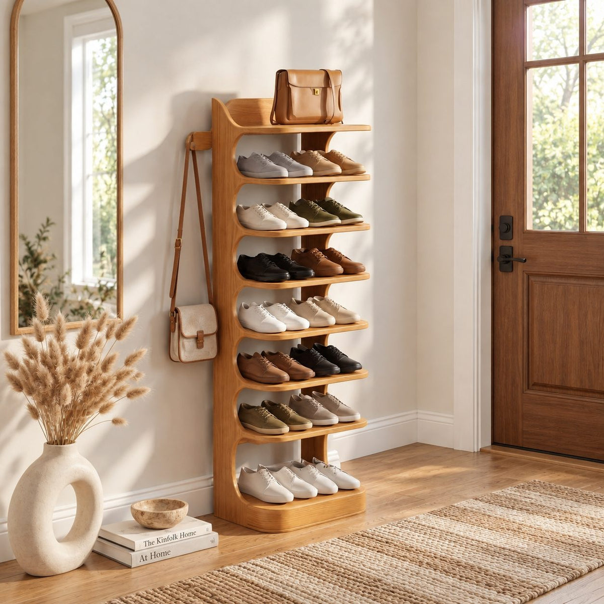 Vertical Shoe Tower Rack with Curved Scroll Sides, Slim Solid Wood Entryway Shoe Shelf and Side Peg