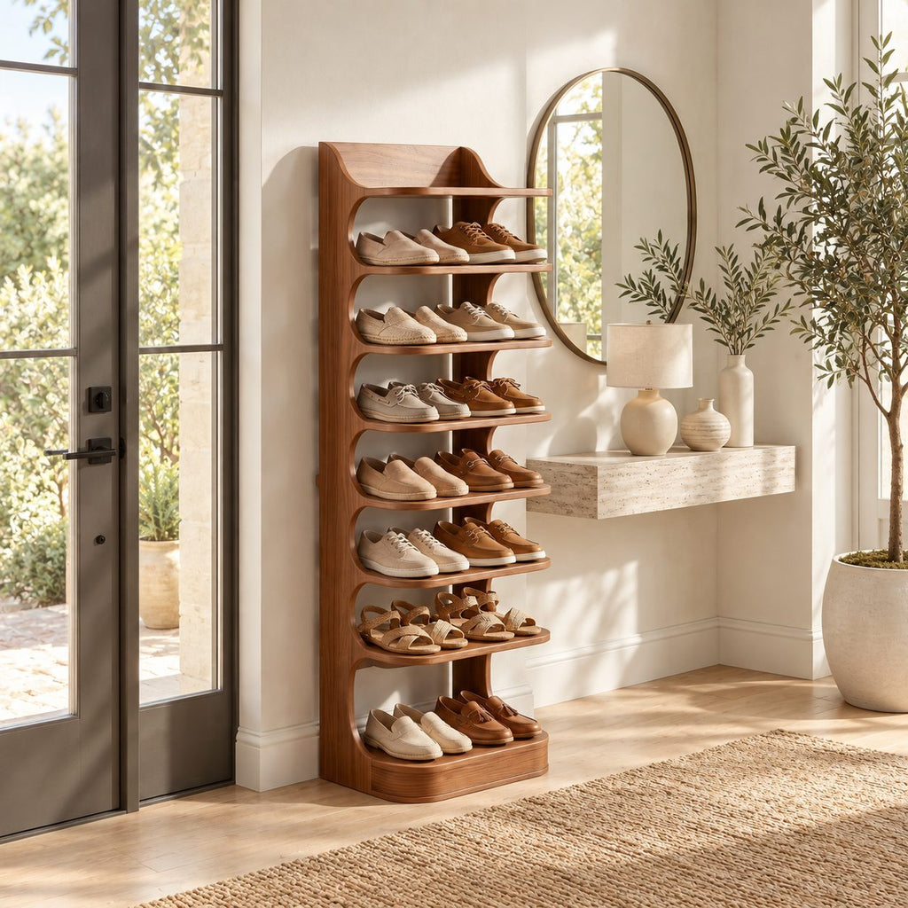 Vertical Shoe Tower Rack with Curved Scroll Sides, Slim Solid Wood Entryway Shoe Shelf and Side Peg