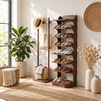 Vertical Shoe Tower Rack with Curved Scroll Sides, Slim Solid Wood Entryway Shoe Shelf and Side Peg