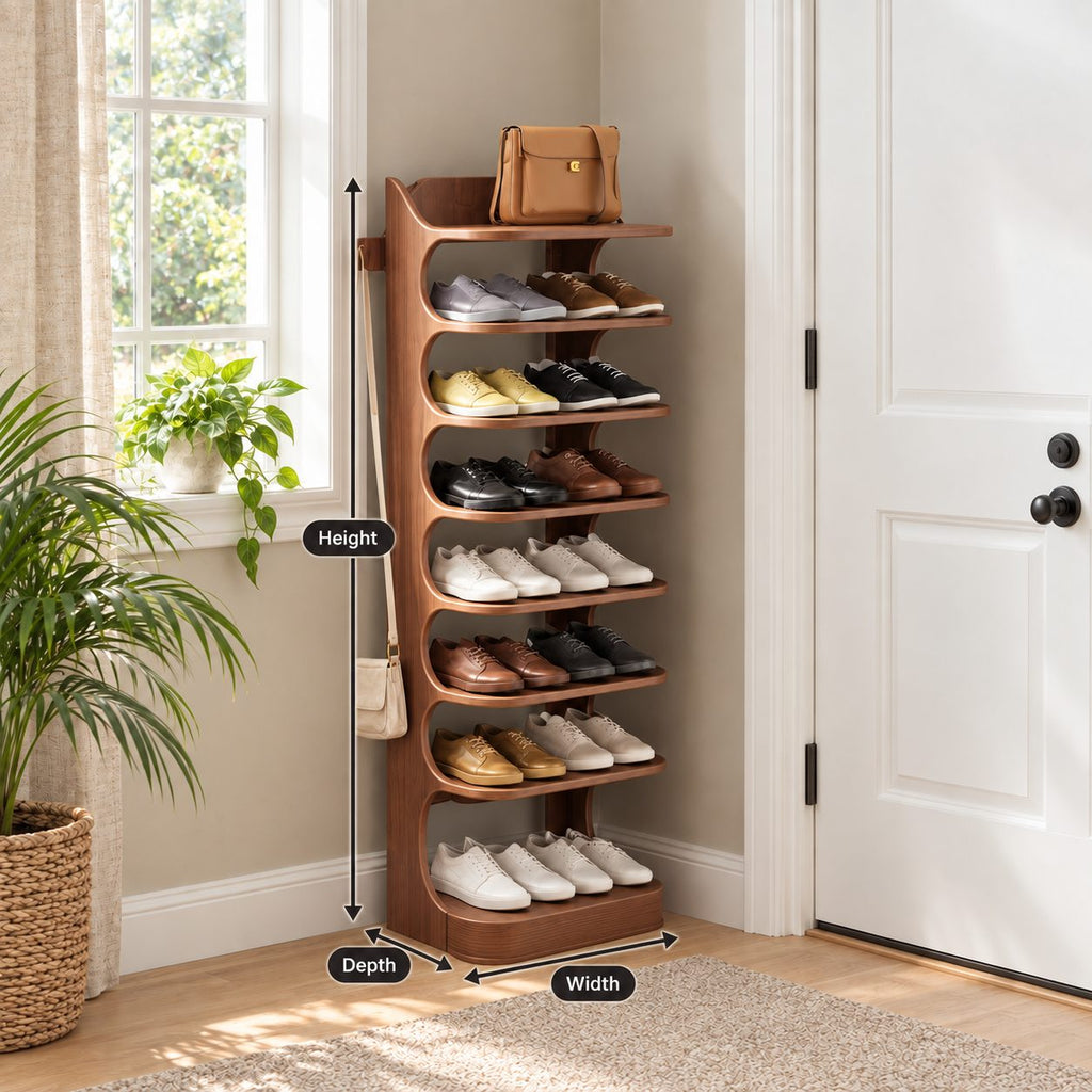 Vertical Shoe Tower Rack with Curved Scroll Sides, Slim Solid Wood Entryway Shoe Shelf and Side Peg