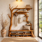 Tree Hall Tree with Shoe Bench, Coat Hooks and Branch Shelves, Rustic Solid Wood Entryway Organizer