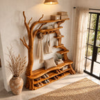 Tree Hall Tree with Shoe Bench, Coat Hooks and Branch Shelves, Rustic Solid Wood Entryway Organizer