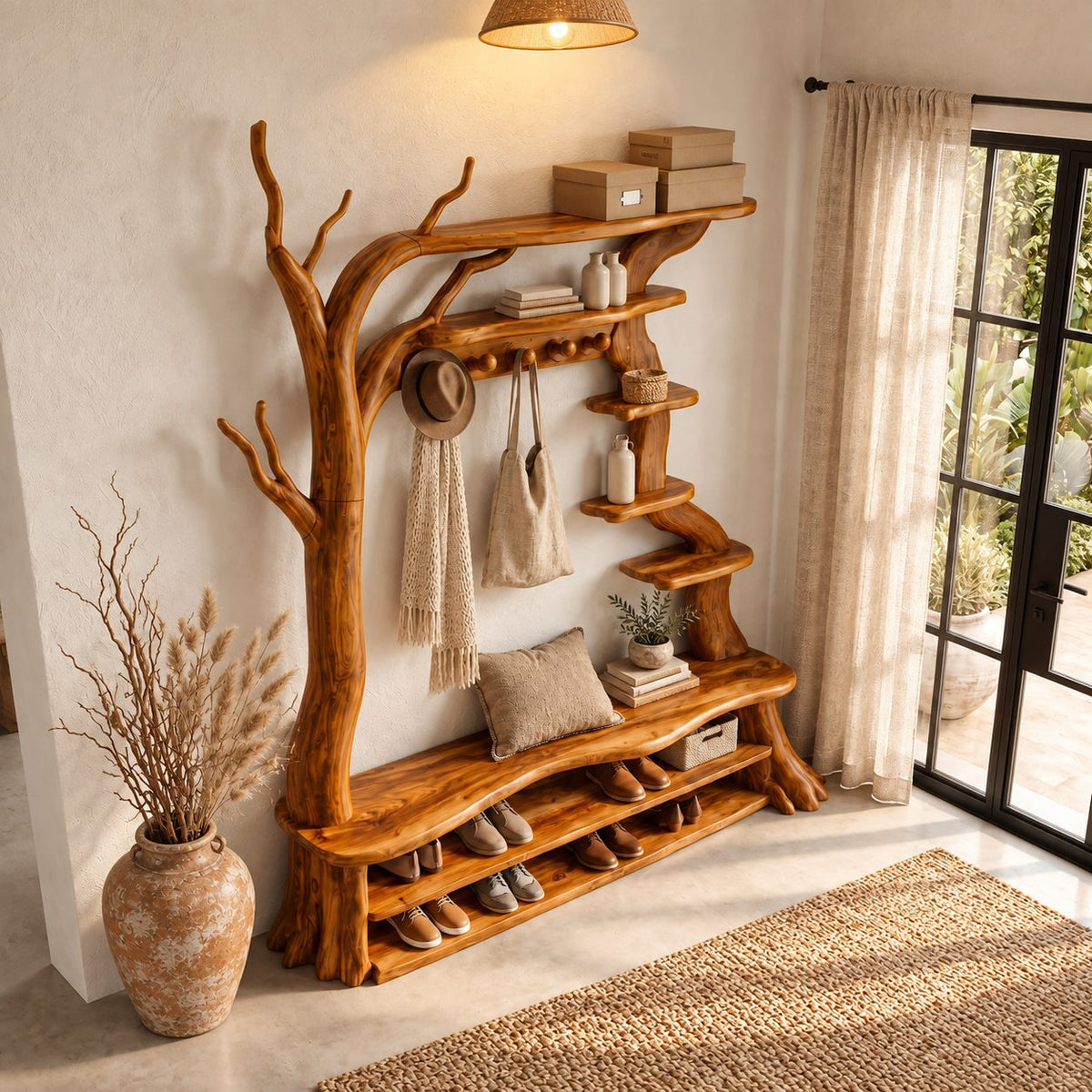 Tree Hall Tree with Shoe Bench, Coat Hooks and Branch Shelves, Rustic Solid Wood Entryway Organizer