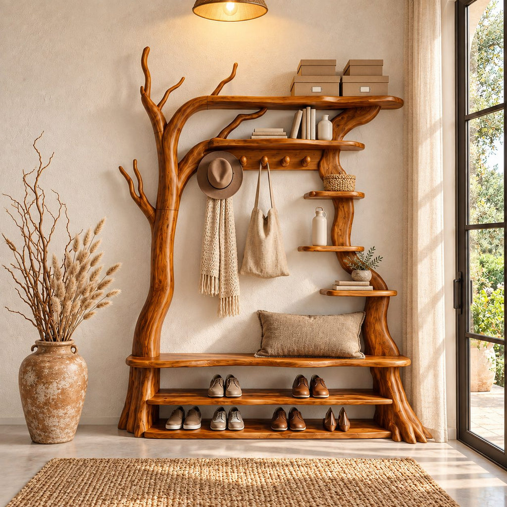 Tree Hall Tree with Shoe Bench, Coat Hooks and Branch Shelves, Rustic Solid Wood Entryway Organizer