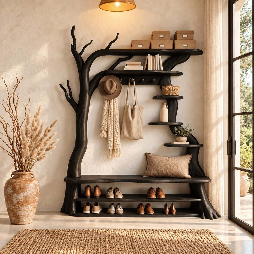 Tree Hall Tree with Shoe Bench, Coat Hooks and Branch Shelves, Rustic Solid Wood Entryway Organizer