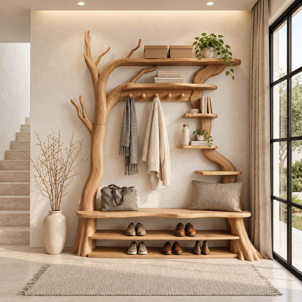 Tree Hall Tree with Shoe Bench, Coat Hooks and Branch Shelves, Rustic Solid Wood Entryway Organizer