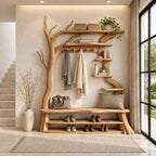 Tree Hall Tree with Shoe Bench, Coat Hooks and Branch Shelves, Rustic Solid Wood Entryway Organizer