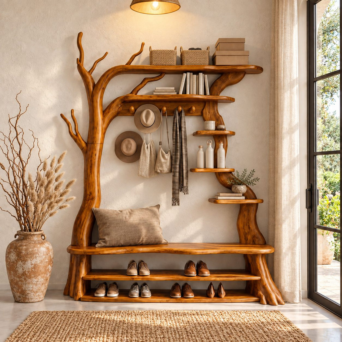 Tree Hall Tree with Shoe Bench, Coat Hooks and Branch Shelves, Rustic Solid Wood Entryway Organizer