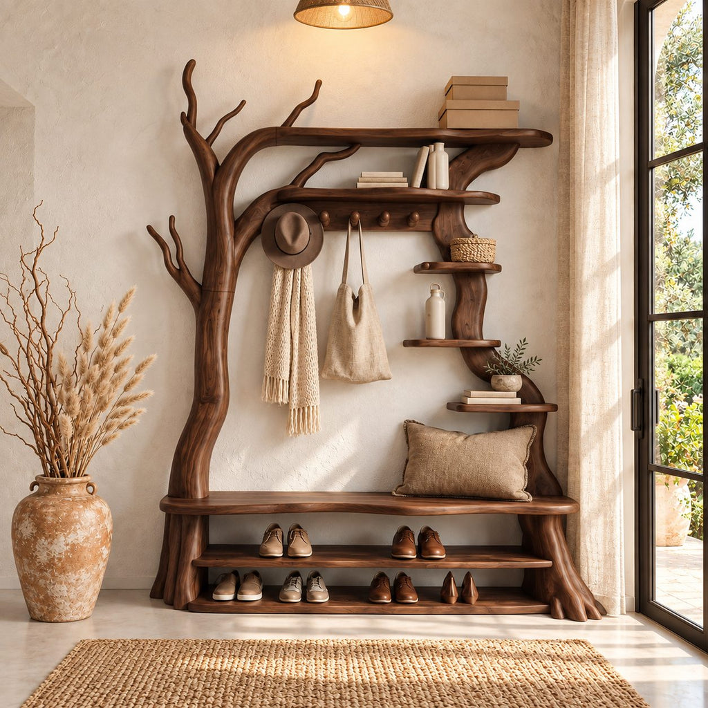 Tree Hall Tree with Shoe Bench, Coat Hooks and Branch Shelves, Rustic Solid Wood Entryway Organizer