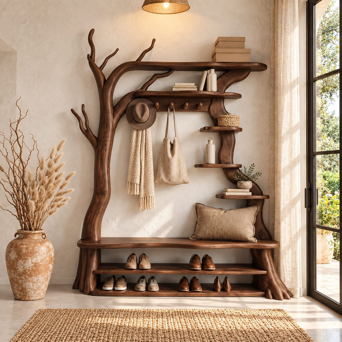 Tree Hall Tree with Shoe Bench, Coat Hooks and Branch Shelves, Rustic Solid Wood Entryway Organizer