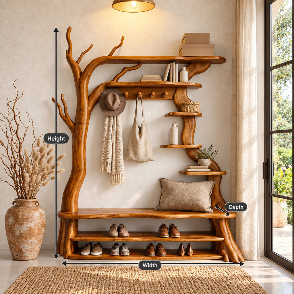 Tree Hall Tree with Shoe Bench, Coat Hooks and Branch Shelves, Rustic Solid Wood Entryway Organizer